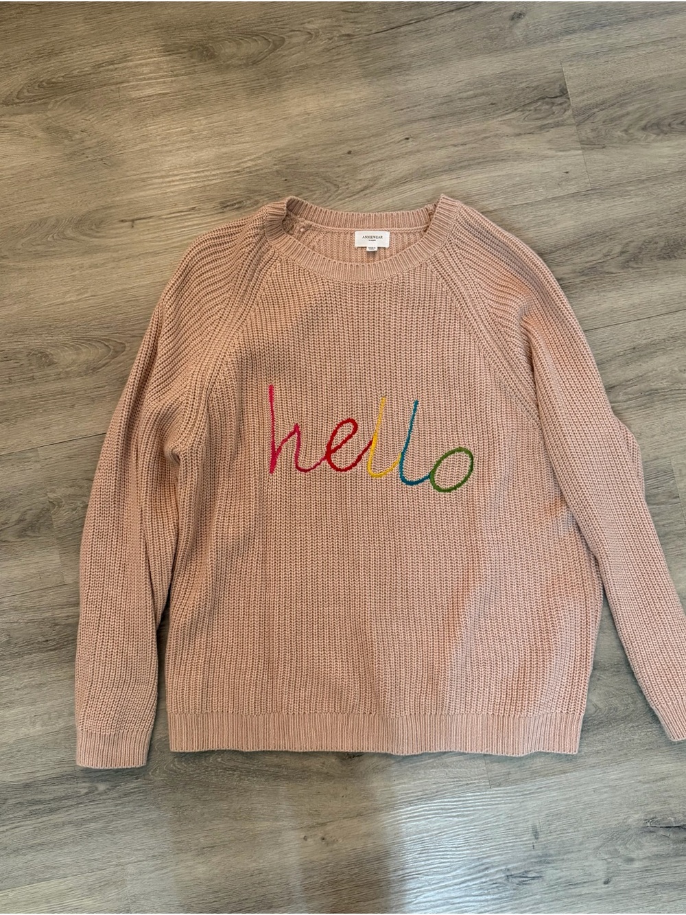 Blush Pink Crewneck Sweater with Multicolor 'hello' Script
